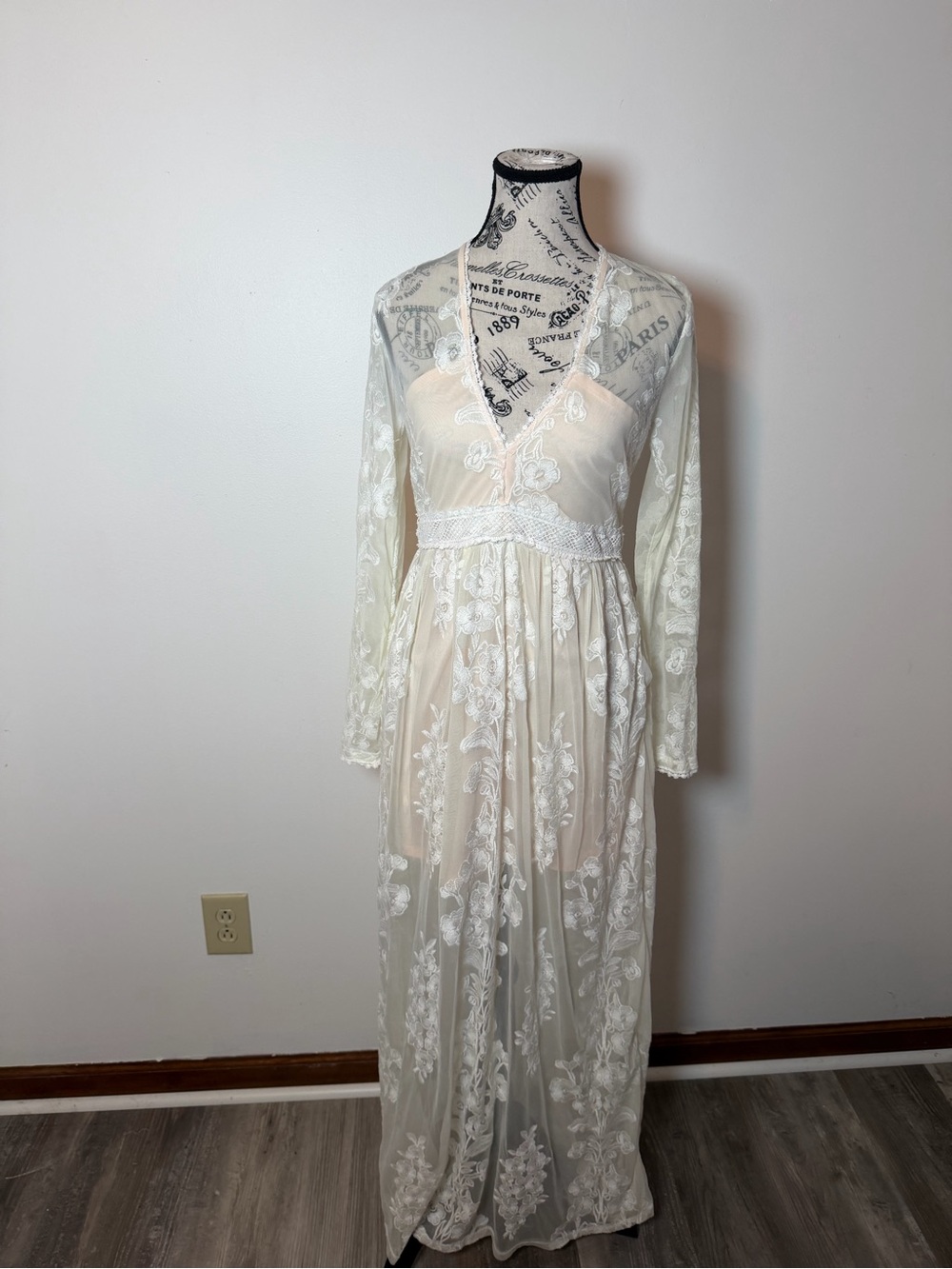 Altar'd State Nora Ivory Floral Lace Maxi dress with light pink undertone